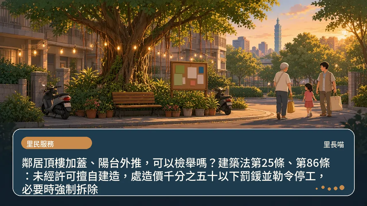 鄰居頂樓加蓋、陽台外推,可以檢舉嗎?建築法第25條、第86條:未經許可擅自建造,處造價千分之五十以下罰鍰並勒令停工,必要時強制拆除主題插畫