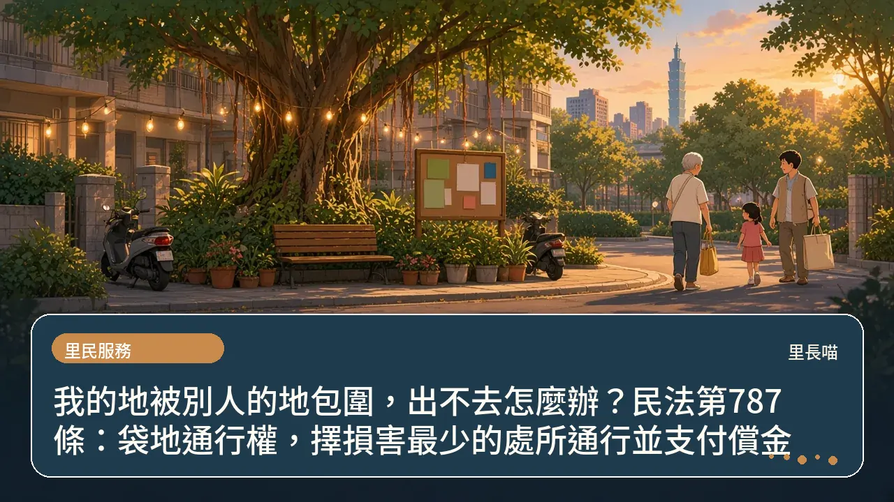 我的地被別人的地包圍，出不去怎麼辦？民法第787條：袋地通行權，擇損害最少的處所通行並支付償金主題插畫