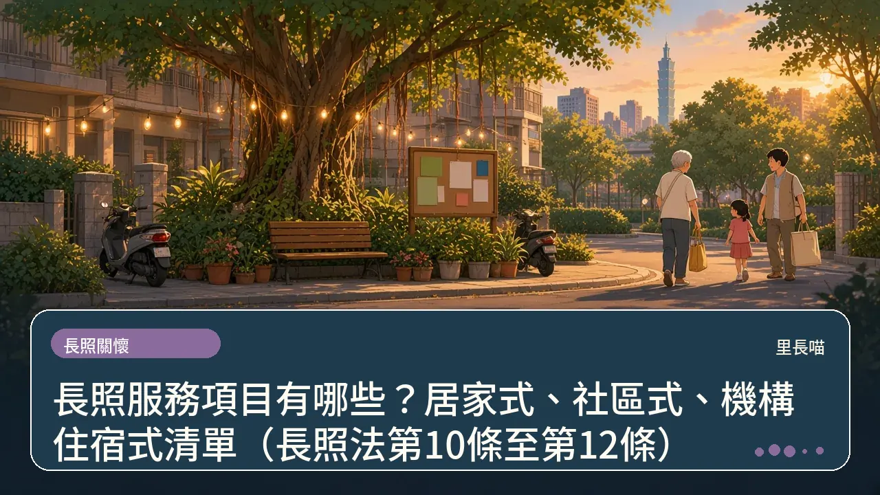長照服務項目有哪些?居家式、社區式、機構住宿式清單(長照法第10條至第12條)主題插畫