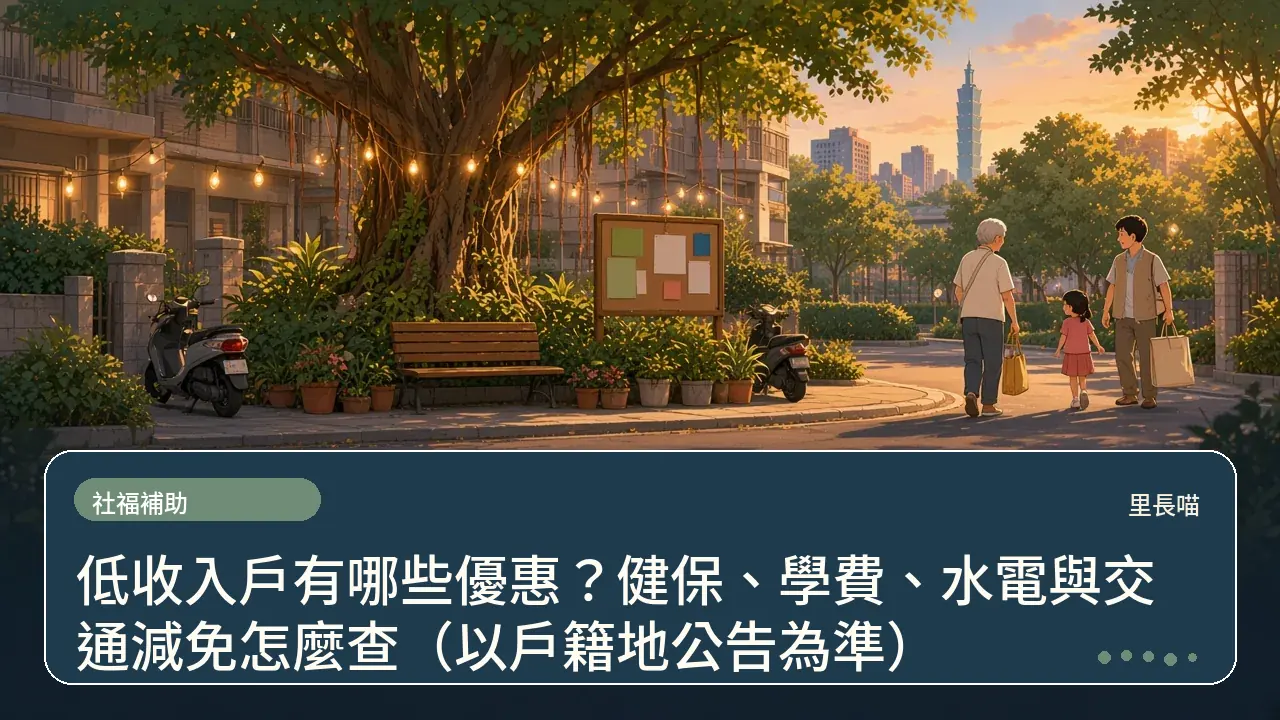 低收入戶有哪些優惠?健保、學費、水電與交通減免怎麼查(以戶籍地公告為準)主題插畫