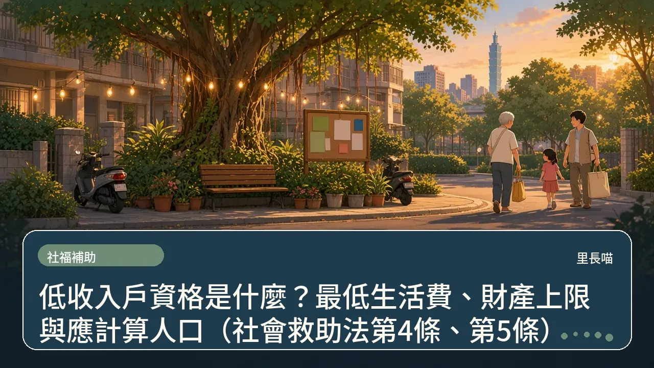 低收入戶資格是什麼?最低生活費、財產上限與應計算人口(社會救助法第4條、第5條)主題插畫