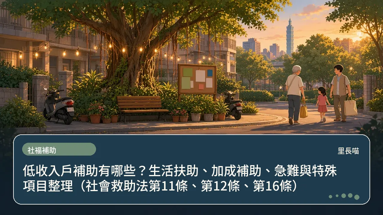 低收入戶補助有哪些?生活扶助、加成補助、急難與特殊項目整理(社會救助法第11條、第12條、第16條)主題插畫