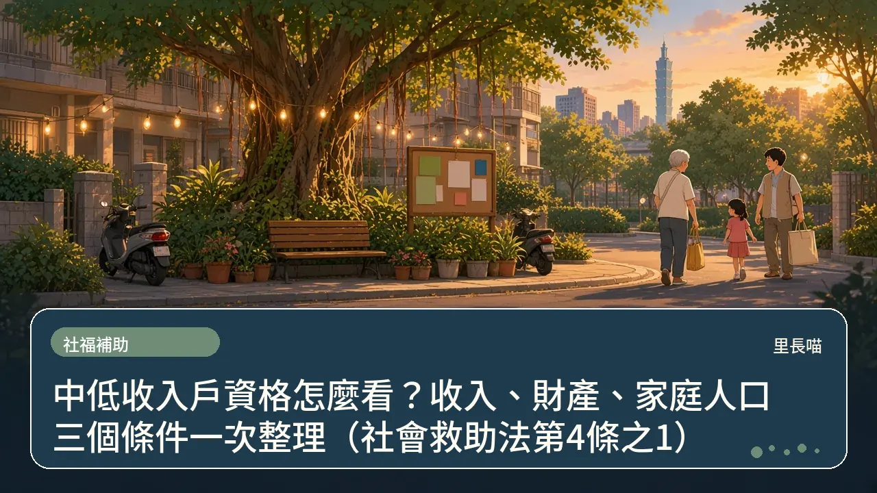 中低收入戶資格怎麼看?收入、財產、家庭人口三個條件一次整理(社會救助法第4條之1)主題插畫