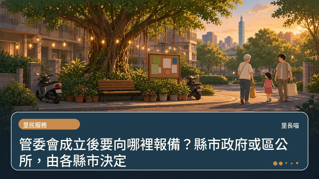 管委會成立後要向哪裡報備?縣市政府或區公所,由各縣市決定主題插畫