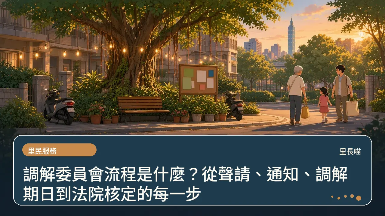 調解委員會流程是什麼?從聲請、通知、調解期日到法院核定的每一步主題插畫