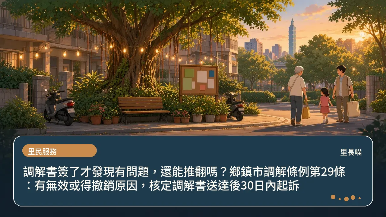 調解書簽了才發現有問題,還能推翻嗎?鄉鎮市調解條例第29條:有無效或得撤銷原因,核定調解書送達後30日內起訴主題插畫