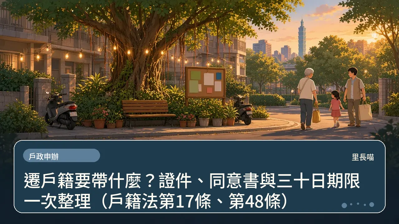 遷戶籍要帶什麼?證件、同意書與三十日期限一次整理(戶籍法第17條、第48條)主題插畫