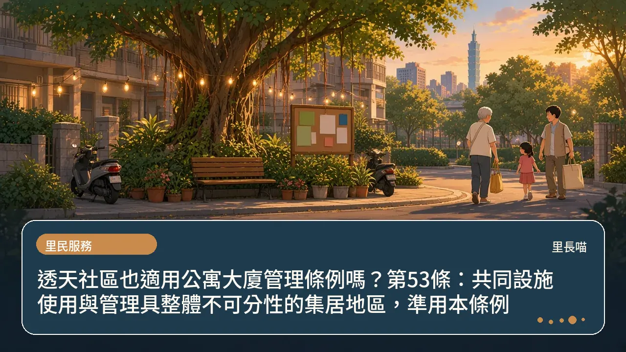 透天社區也適用公寓大廈管理條例嗎?第53條:共同設施使用與管理具整體不可分性的集居地區,準用本條例主題插畫