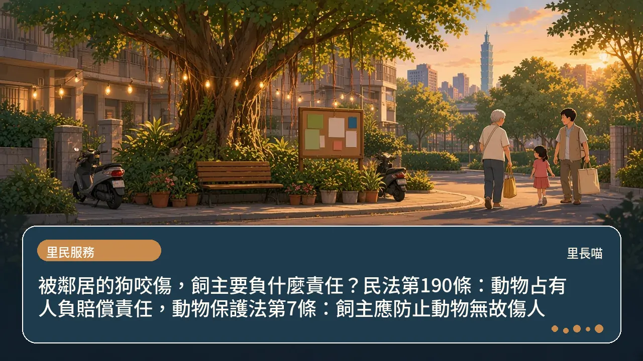 被鄰居的狗咬傷,飼主要負什麼責任?民法第190條:動物占有人負賠償責任,動物保護法第7條:飼主應防止動物無故傷人主題插畫