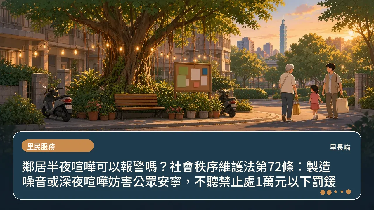 鄰居半夜喧嘩可以報警嗎？社會秩序維護法第72條：製造噪音或深夜喧嘩妨害公眾安寧，不聽禁止處1萬元以下罰鍰主題插畫
