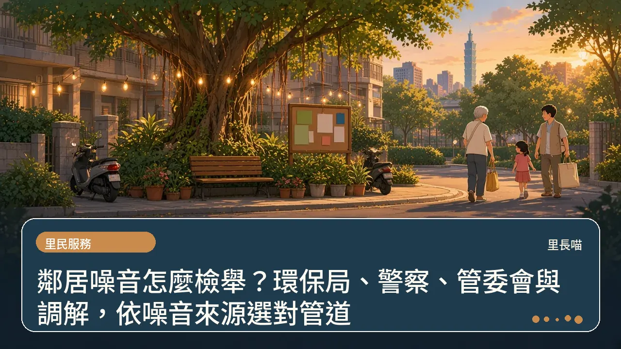 鄰居噪音怎麼檢舉?環保局、警察、管委會與調解,依噪音來源選對管道主題插畫