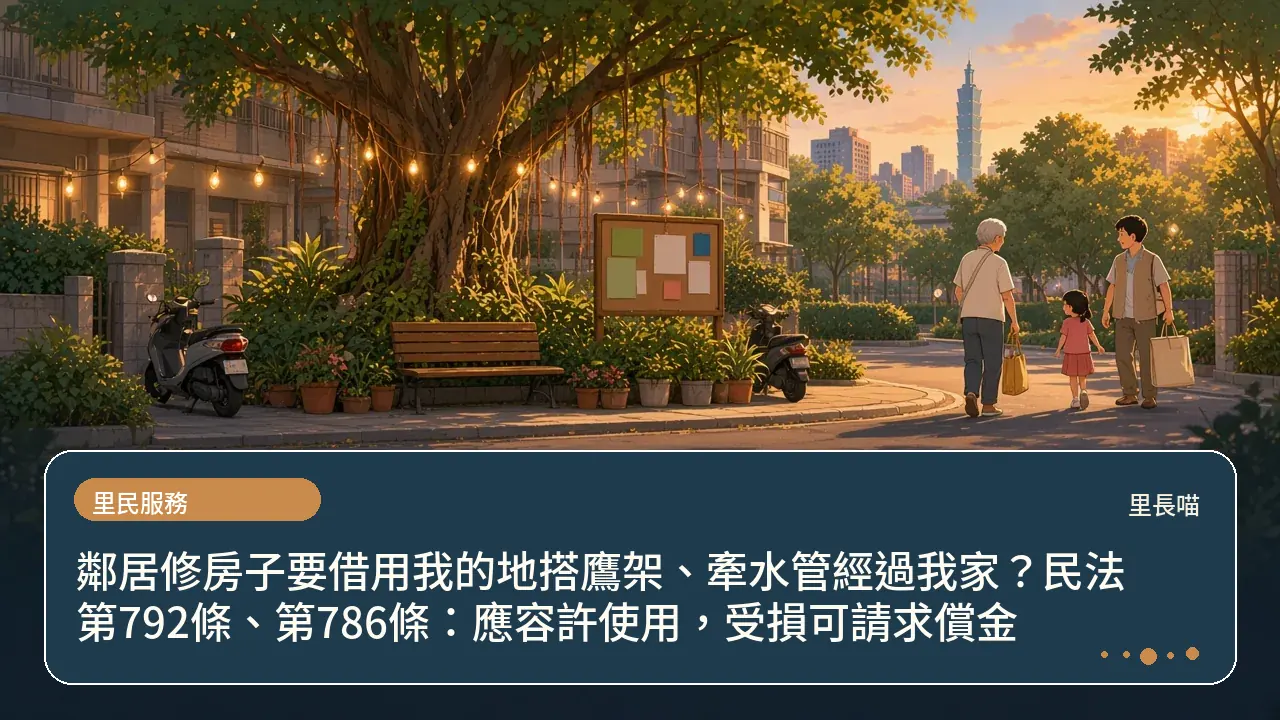 鄰居修房子要借用我的地搭鷹架、牽水管經過我家？民法第792條、第786條：應容許使用，受損可請求償金主題插畫