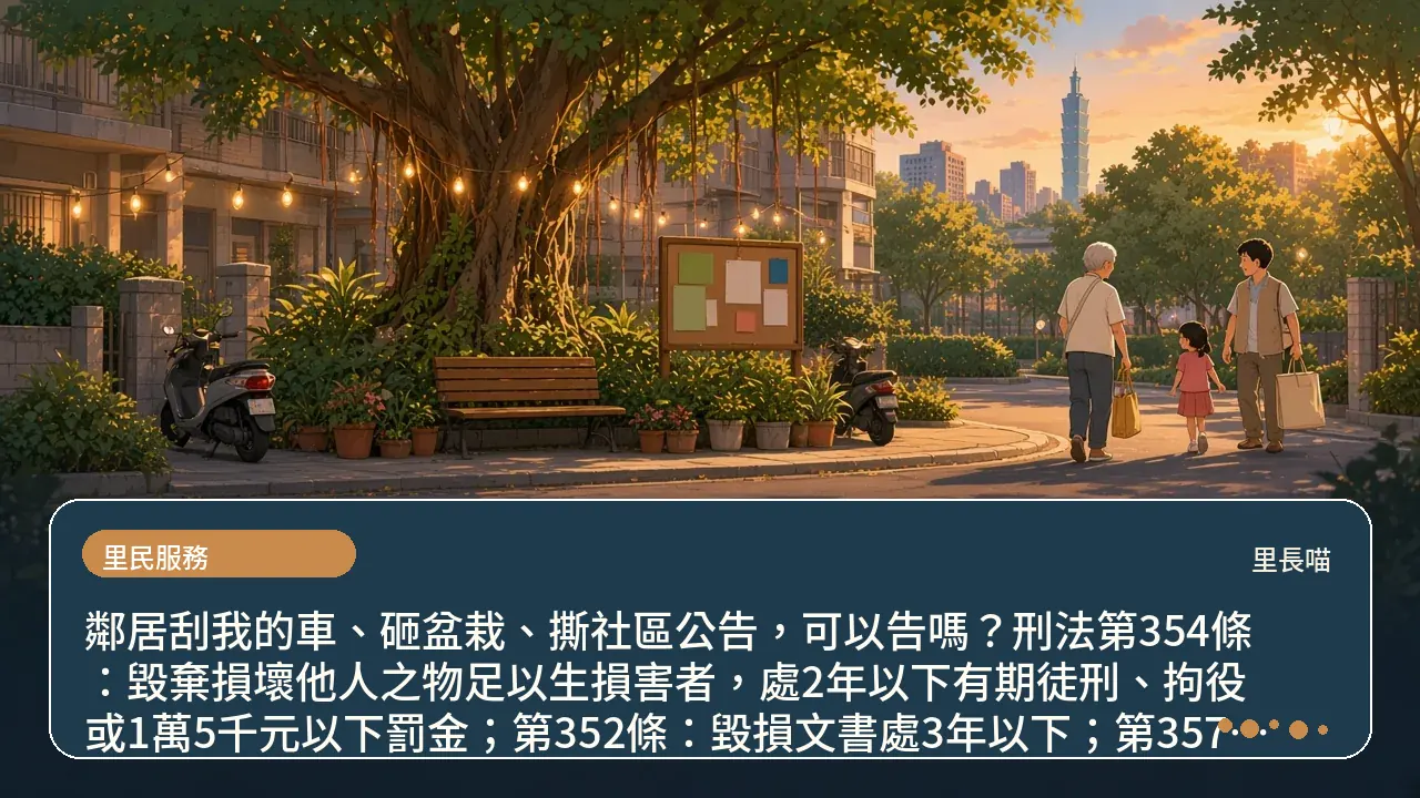 鄰居刮我的車、砸盆栽、撕社區公告，可以告嗎？刑法第354條：毀棄損壞他人之物足以生損害者，處2年以下有期徒刑、拘役或1萬5千元以下罰金；第352條：毀損文書處3年以下；第357條：須告訴乃論；刑事訴訟法第237條：知悉犯人起6個月內告訴；民法第196條：可請求賠償物因毀損所減少之價額主題插畫