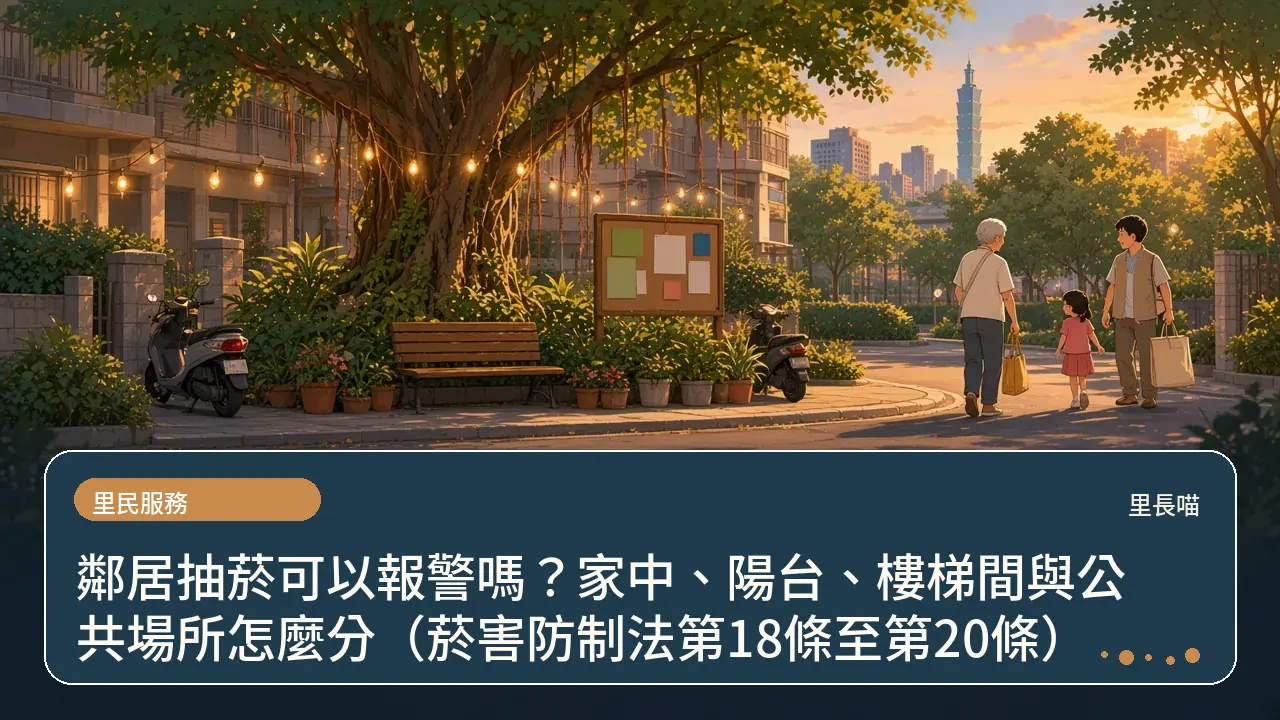 鄰居抽菸可以報警嗎?家中、陽台、樓梯間與公共場所怎麼分(菸害防制法第18條至第20條)主題插畫