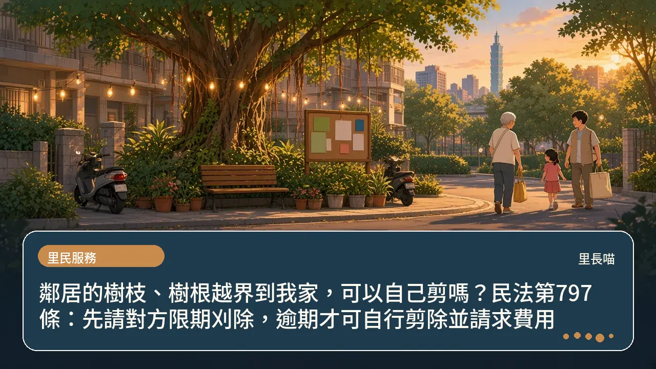 鄰居的樹枝、樹根越界到我家,可以自己剪嗎?民法第797條:先請對方限期刈除,逾期才可自行剪除並請求費用主題插畫