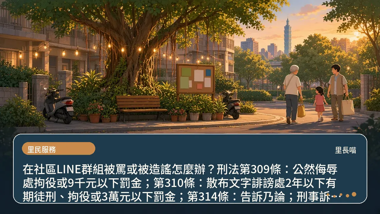 在社區LINE群組被罵或被造謠怎麼辦？刑法第309條：公然侮辱處拘役或9千元以下罰金；第310條：散布文字誹謗處2年以下有期徒刑、拘役或3萬元以下罰金；第314條：告訴乃論；刑事訴訟法第237條：知悉犯人起6個月內告訴主題插畫