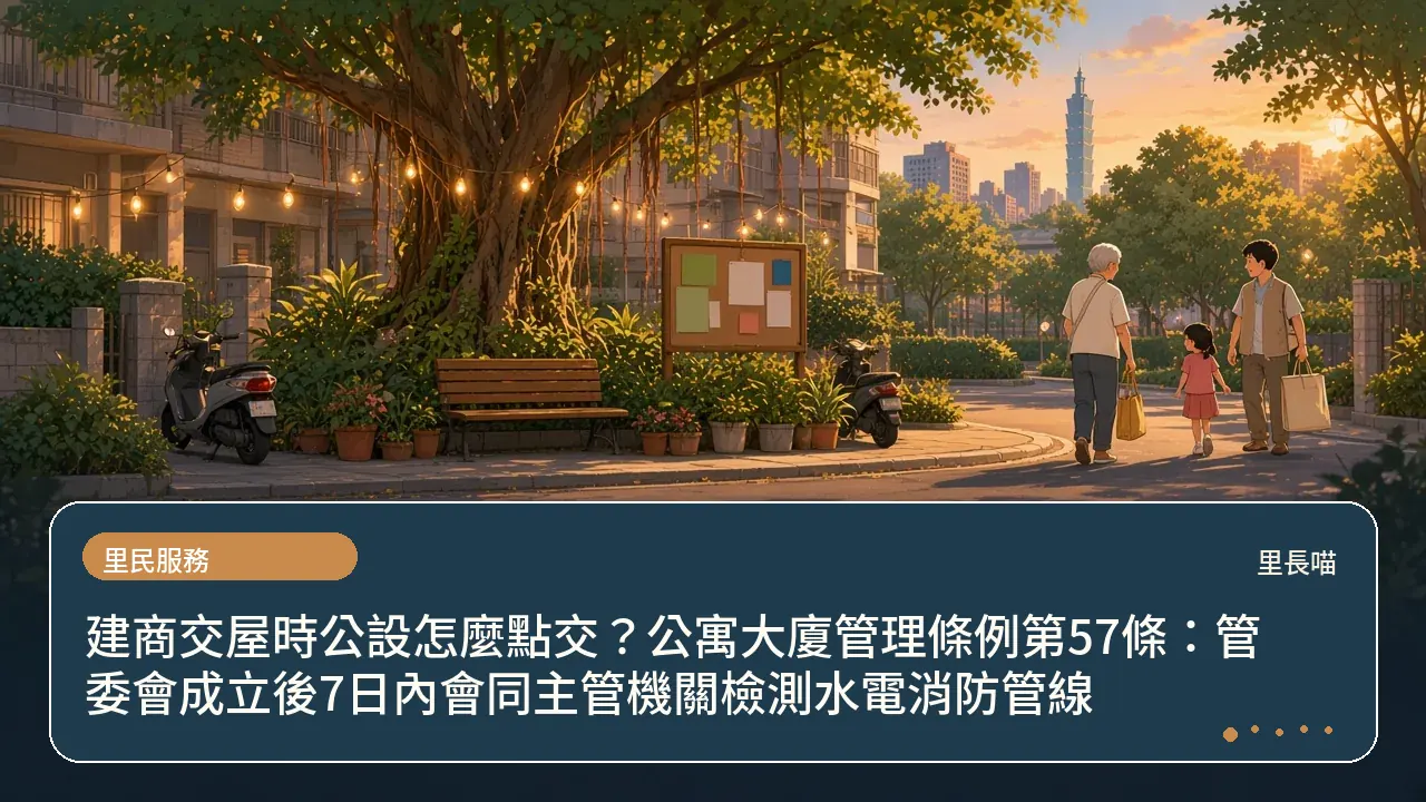 建商交屋時公設怎麼點交?公寓大廈管理條例第57條:管委會成立後7日內會同主管機關檢測水電消防管線主題插畫
