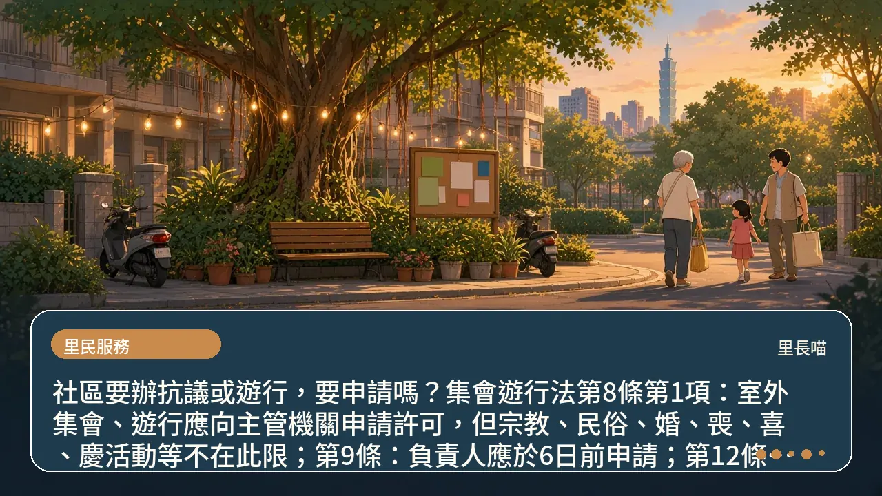 社區要辦抗議或遊行，要申請嗎？集會遊行法第8條第1項：室外集會、遊行應向主管機關申請許可，但宗教、民俗、婚、喪、喜、慶活動等不在此限；第9條：負責人應於6日前申請；第12條：主管機關應於收受申請書之日起3日內書面通知，未在期限內通知者視為許可主題插畫