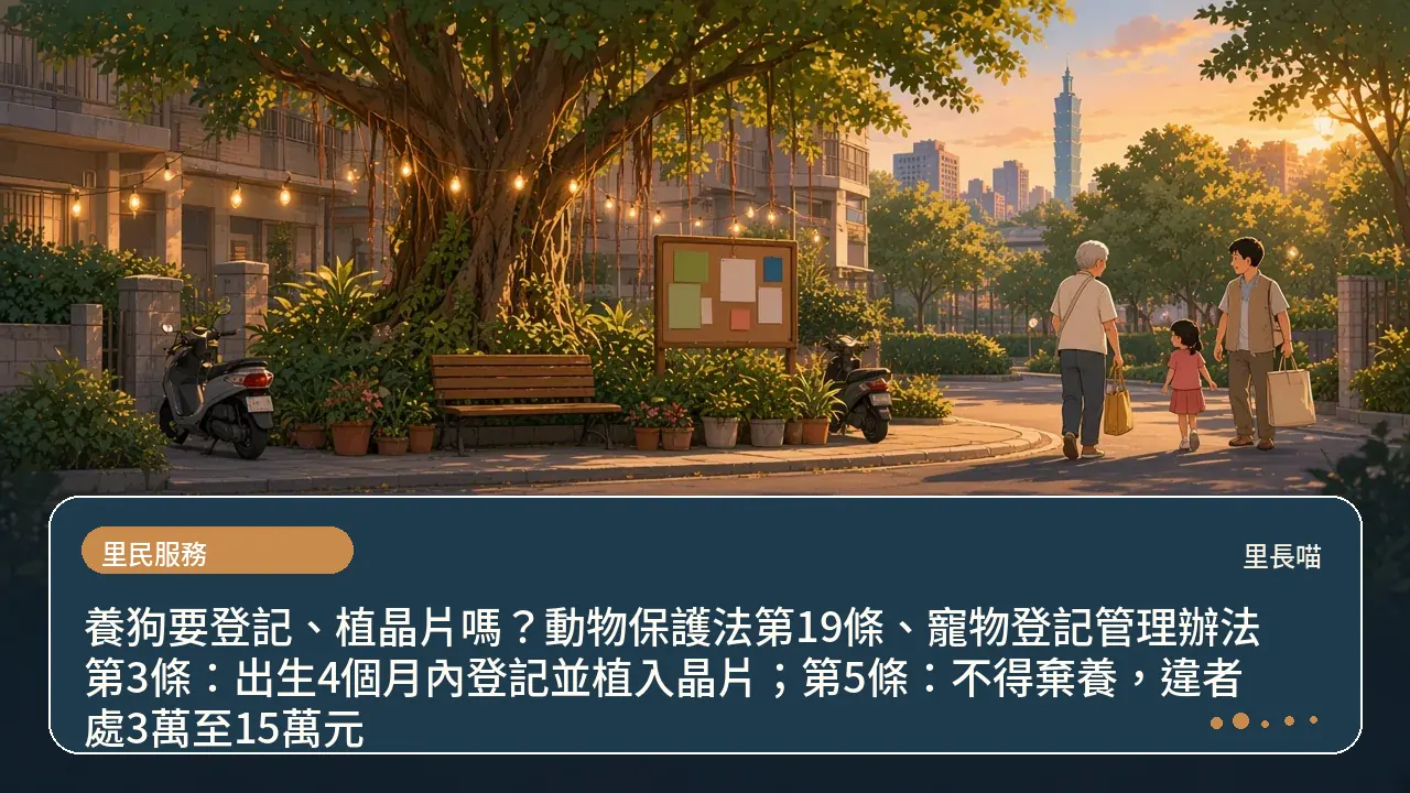養狗要登記、植晶片嗎?動物保護法第19條、寵物登記管理辦法第3條:出生4個月內登記並植入晶片;第5條:不得棄養,違者處3萬至15萬元主題插畫