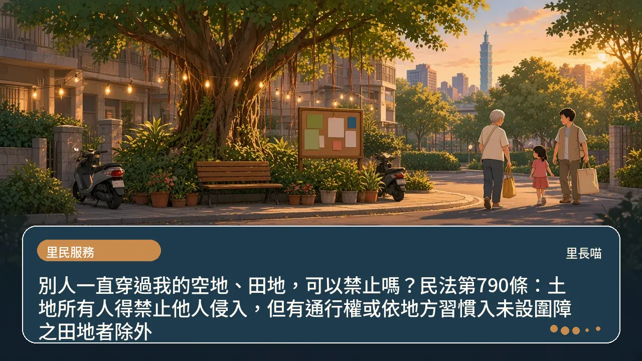 別人一直穿過我的空地、田地,可以禁止嗎?民法第790條:土地所有人得禁止他人侵入,但有通行權或依地方習慣入未設圍障之田地者除外主題插畫
