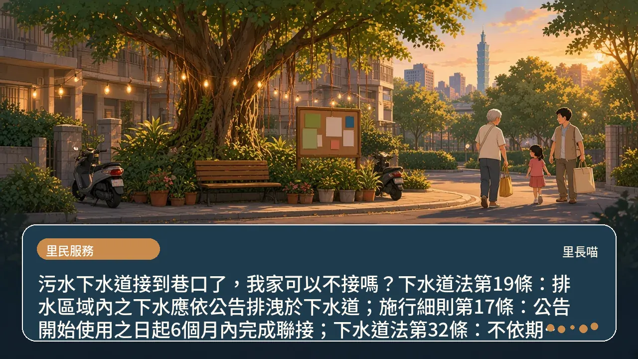 污水下水道接到巷口了，我家可以不接嗎？下水道法第19條：排水區域內之下水應依公告排洩於下水道；施行細則第17條：公告開始使用之日起6個月內完成聯接；下水道法第32條：不依期限排洩處1萬元以上10萬元以下罰鍰主題插畫