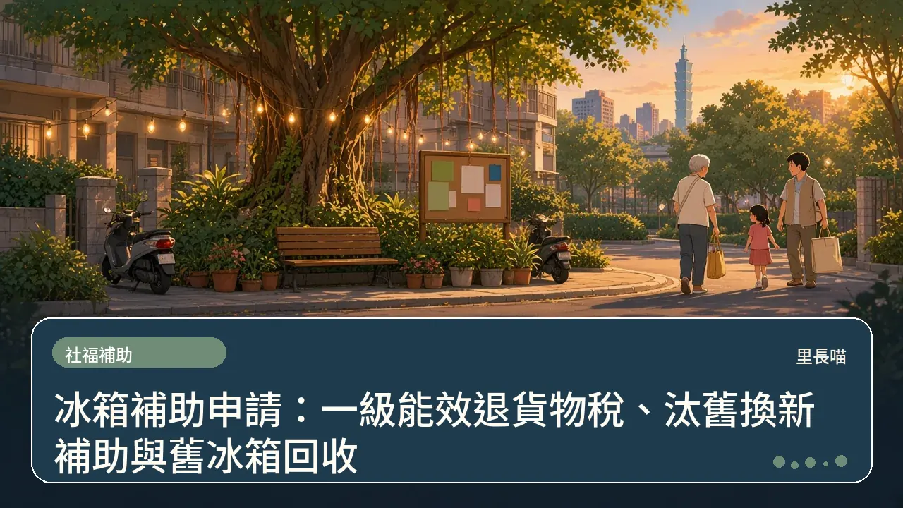 冰箱補助申請:一級能效退貨物稅、汰舊換新補助與舊冰箱回收主題插畫