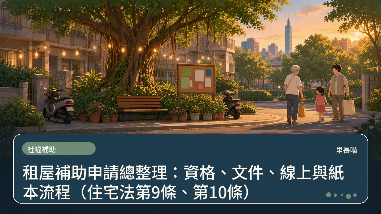 租屋補助申請總整理:資格、文件、線上與紙本流程(住宅法第9條、第10條)主題插畫