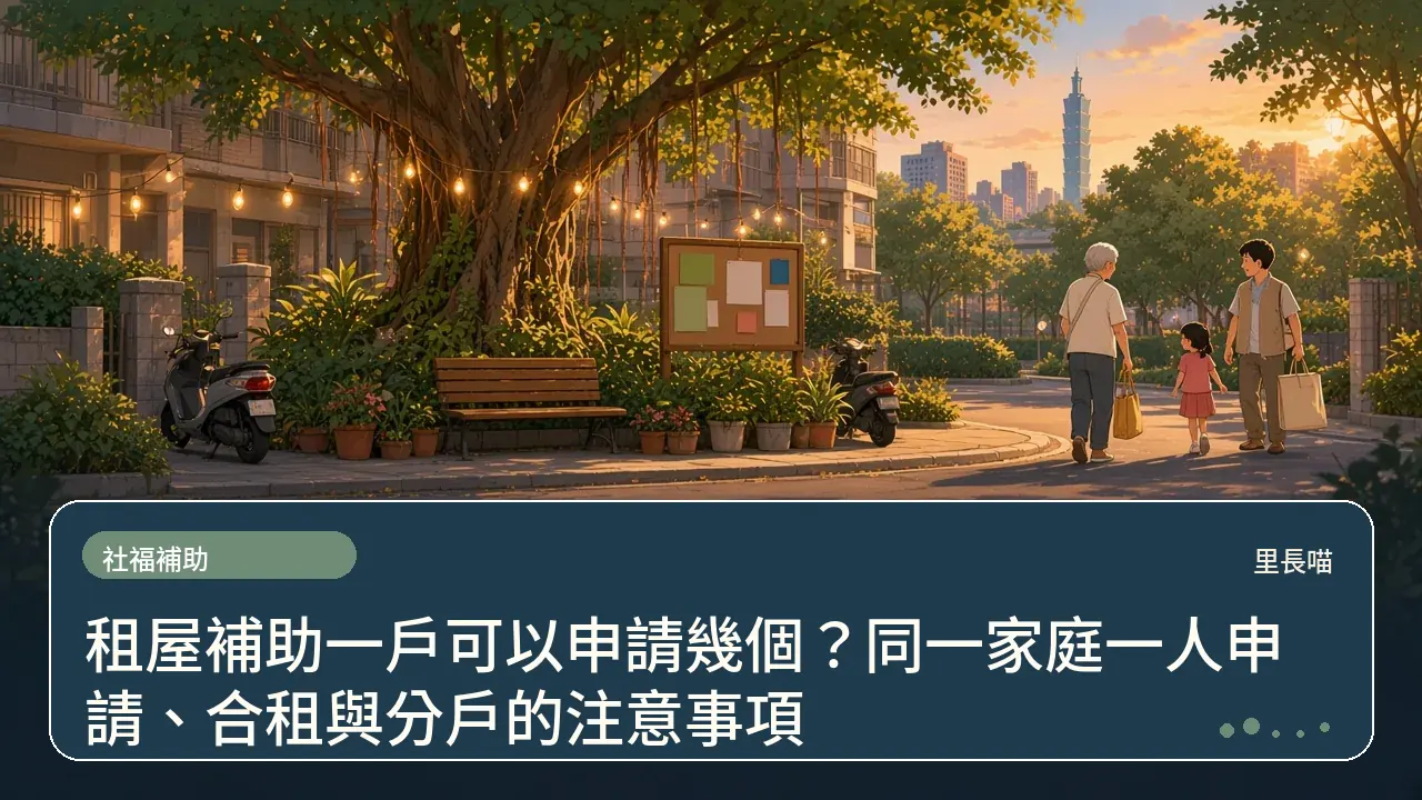 租屋補助一戶可以申請幾個?同一家庭一人申請、合租與分戶的注意事項主題插畫