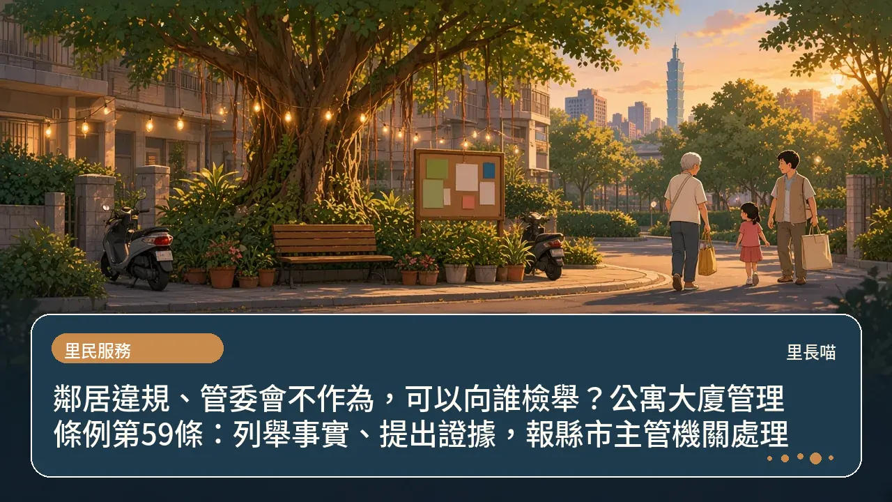 鄰居違規、管委會不作為,可以向誰檢舉?公寓大廈管理條例第59條:列舉事實、提出證據,報縣市主管機關處理主題插畫