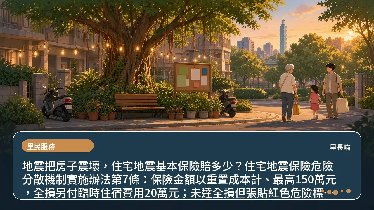 地震把房子震壞，住宅地震基本保險賠多少？住宅地震保險危險分散機制實施辦法第7條：保險金額以重置成本計、最高150萬元，全損另付臨時住宿費用20萬元；未達全損但張貼紅色危險標誌者付10萬元；第8條：全損依保險金額理賠、無自負額主題插畫