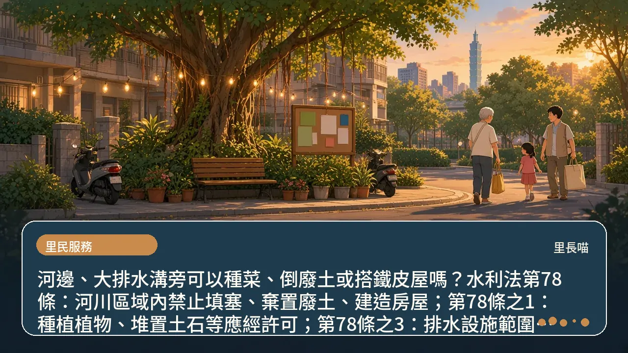 河邊、大排水溝旁可以種菜、倒廢土或搭鐵皮屋嗎？水利法第78條：河川區域內禁止填塞、棄置廢土、建造房屋；第78條之1：種植植物、堆置土石等應經許可；第78條之3：排水設施範圍準用類似限制；第92條之2：棄置廢土處25萬元以上500萬元以下罰鍰主題插畫