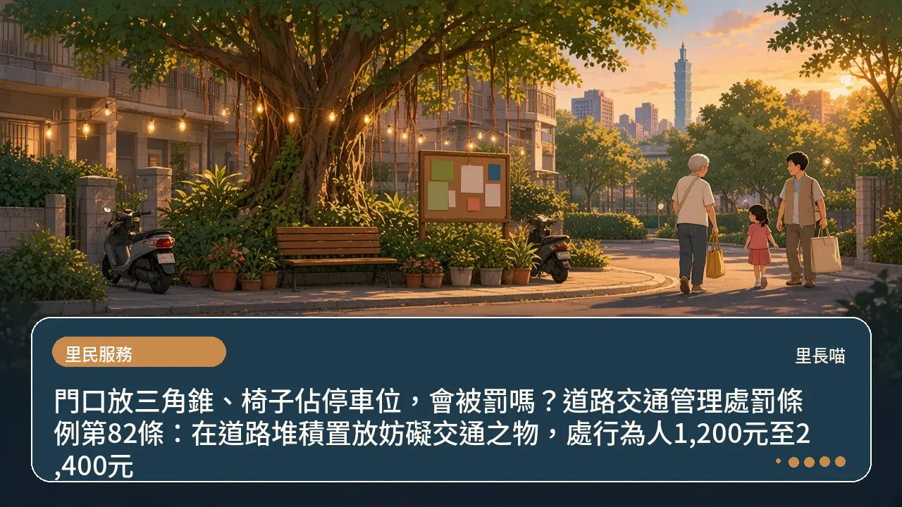 門口放三角錐、椅子佔停車位，會被罰嗎？道路交通管理處罰條例第82條：在道路堆積置放妨礙交通之物，處行為人1,200元至2,400元主題插畫
