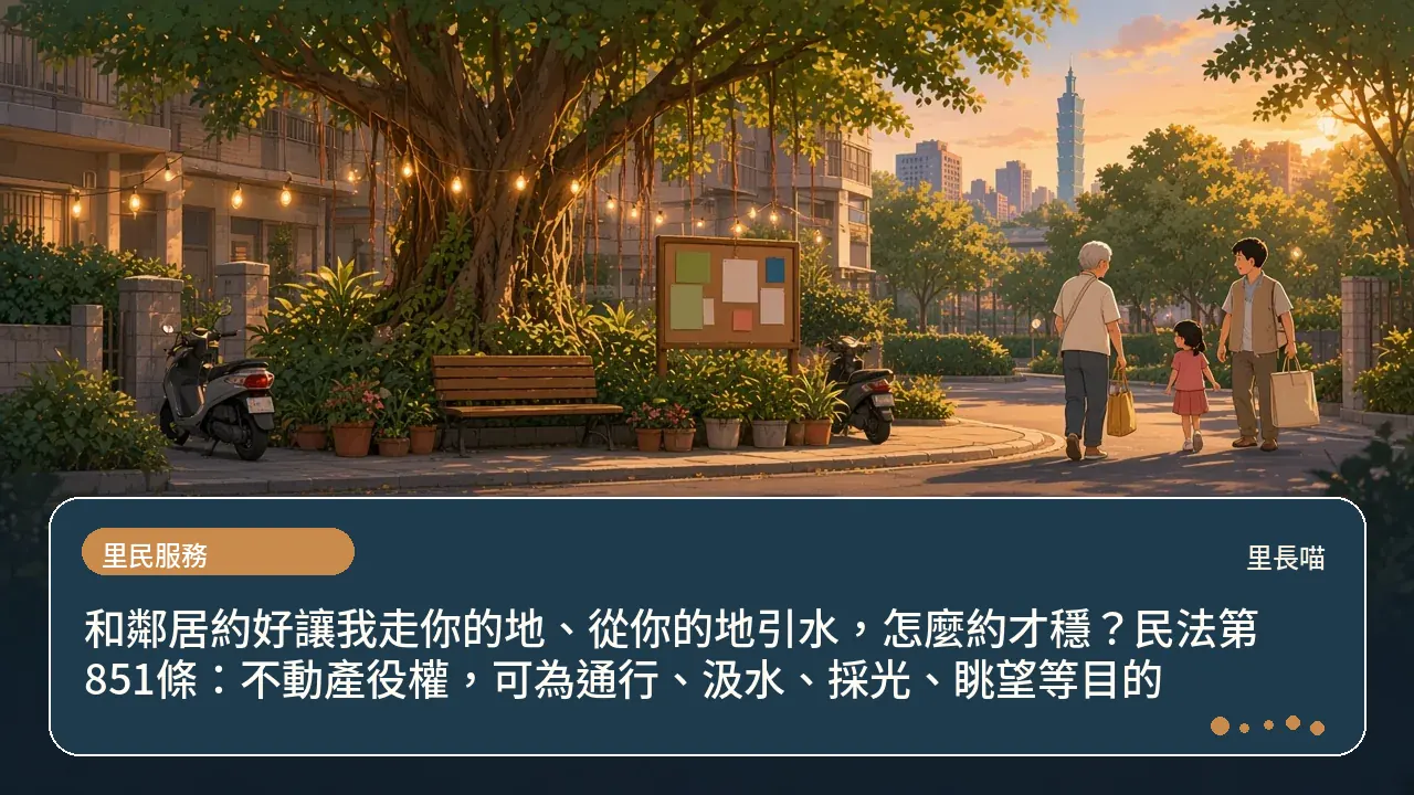 和鄰居約好讓我走你的地、從你的地引水,怎麼約才穩?民法第851條:不動產役權,可為通行、汲水、採光、眺望等目的主題插畫