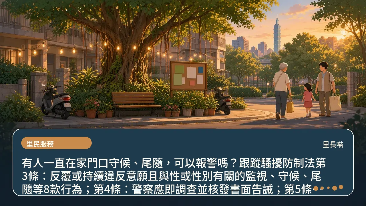 有人一直在家門口守候、尾隨，可以報警嗎？跟蹤騷擾防制法第3條：反覆或持續違反意願且與性或性別有關的監視、守候、尾隨等8款行為；第4條：警察應即調查並核發書面告誡；第5條：告誡後2年內再犯可聲請保護令；第18條：處1年以下有期徒刑、拘役或10萬元以下罰金主題插畫