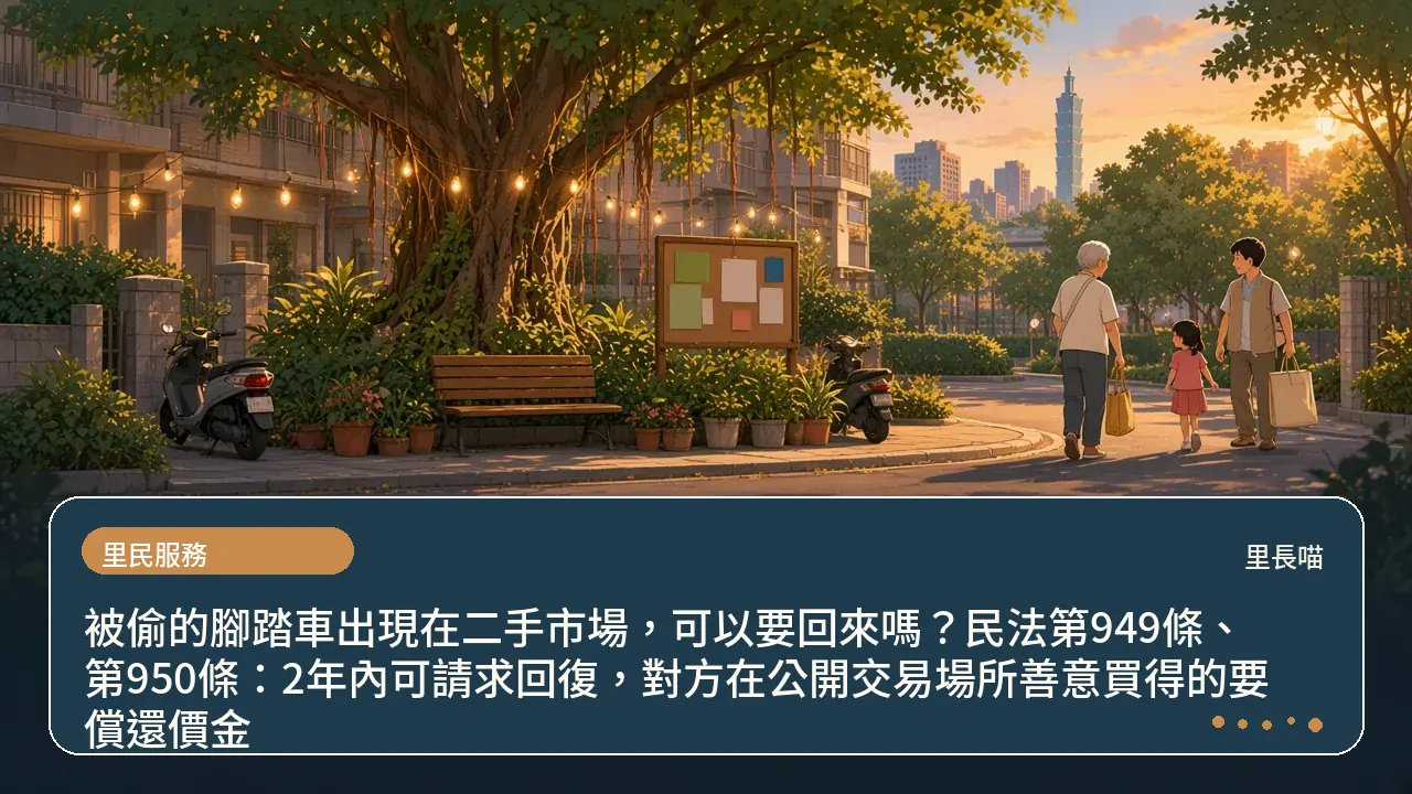 被偷的腳踏車出現在二手市場，可以要回來嗎？民法第949條、第950條：2年內可請求回復，對方在公開交易場所善意買得的要償還價金主題插畫