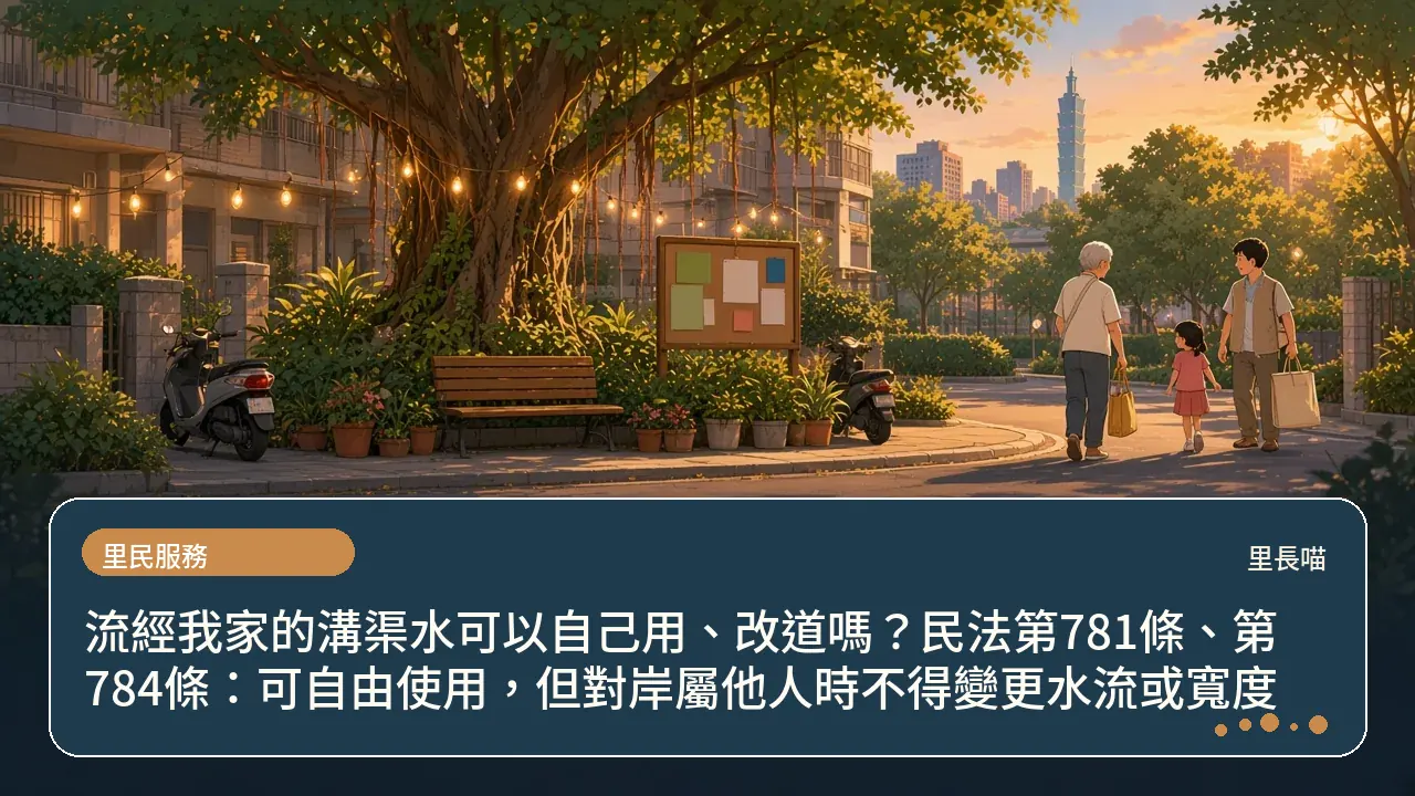流經我家的溝渠水可以自己用、改道嗎?民法第781條、第784條:可自由使用,但對岸屬他人時不得變更水流或寬度主題插畫