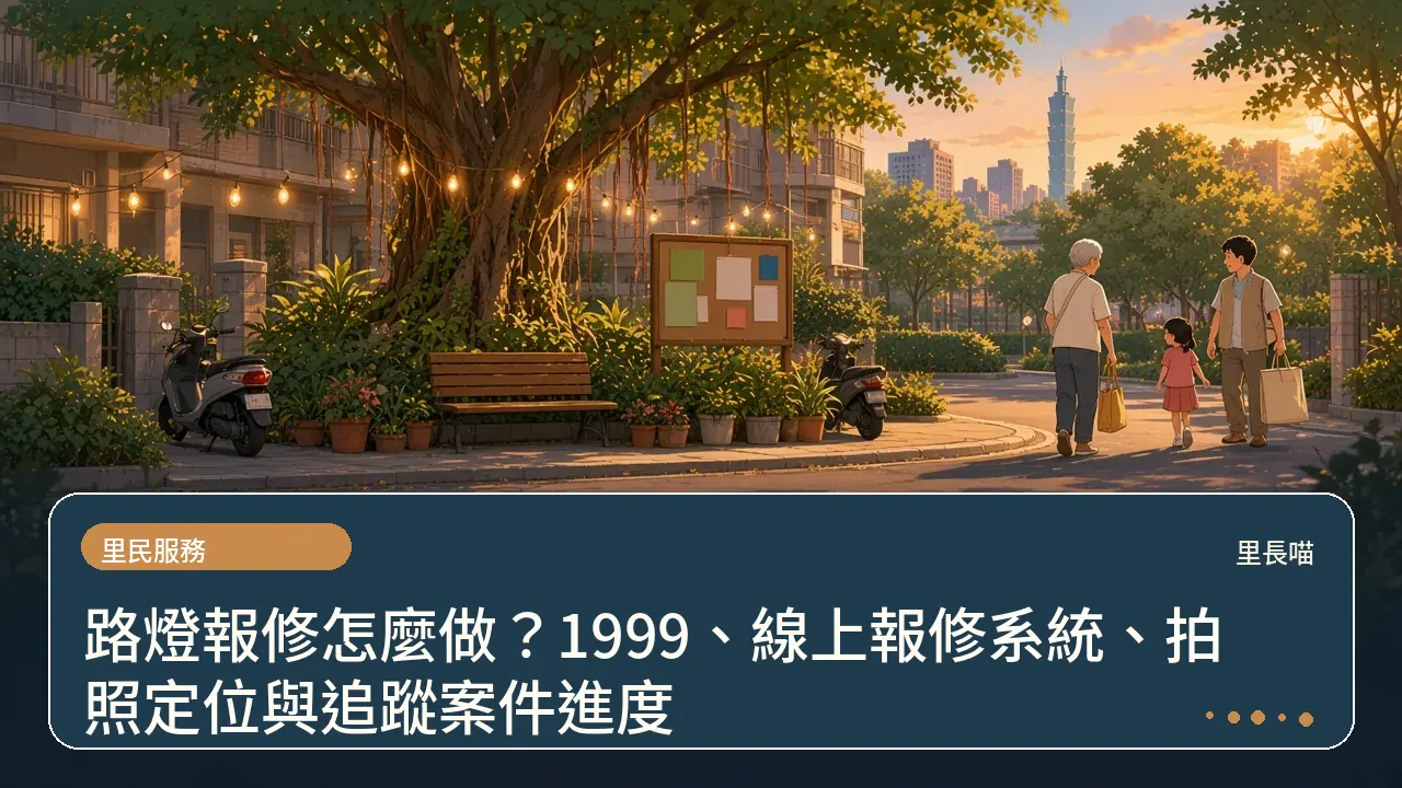 路燈報修怎麼做?1999、線上報修系統、拍照定位與追蹤案件進度主題插畫