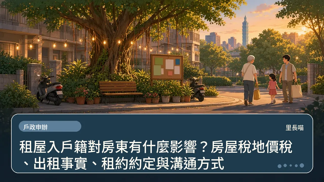 租屋入戶籍對房東有什麼影響?房屋稅地價稅、出租事實、租約約定與溝通方式主題插畫