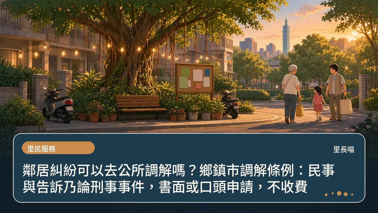 鄰居糾紛可以去公所調解嗎？鄉鎮市調解條例：民事與告訴乃論刑事事件，書面或口頭申請，不收費主題插畫