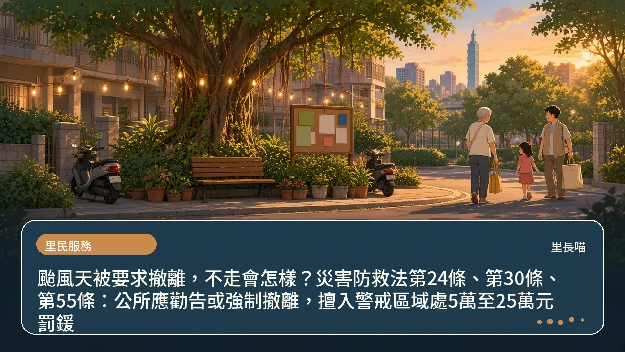 颱風天被要求撤離,不走會怎樣?災害防救法第24條、第30條、第55條:公所應勸告或強制撤離,擅入警戒區域處5萬至25萬元罰鍰主題插畫