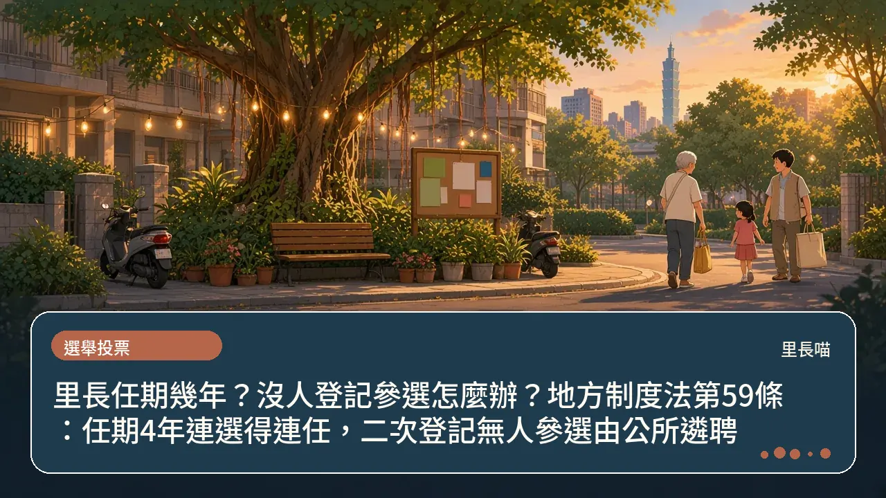 里長任期幾年?沒人登記參選怎麼辦?地方制度法第59條:任期4年連選得連任,二次登記無人參選由公所遴聘主題插畫