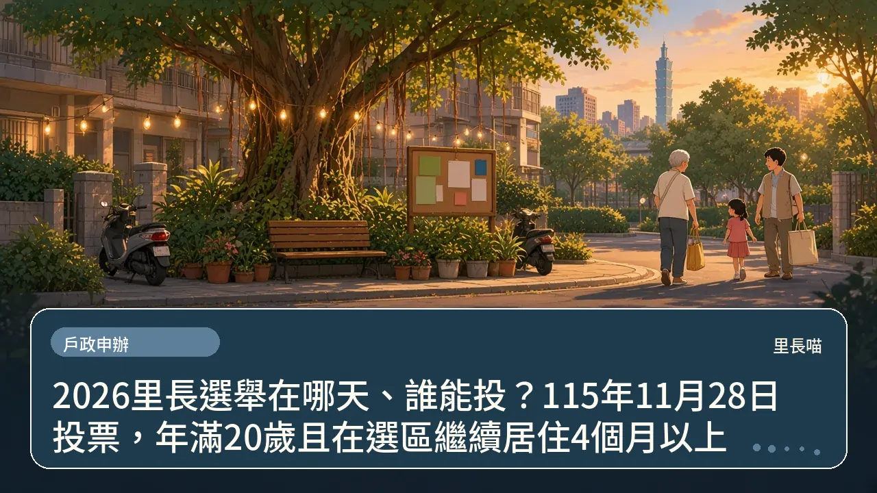 2026里長選舉在哪天、誰能投？115年11月28日投票，年滿20歲且在選區繼續居住4個月以上主題插畫