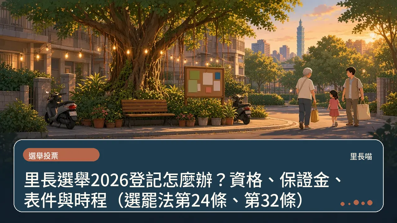 里長選舉2026登記怎麼辦?資格、保證金、表件與時程(選罷法第24條、第32條)主題插畫