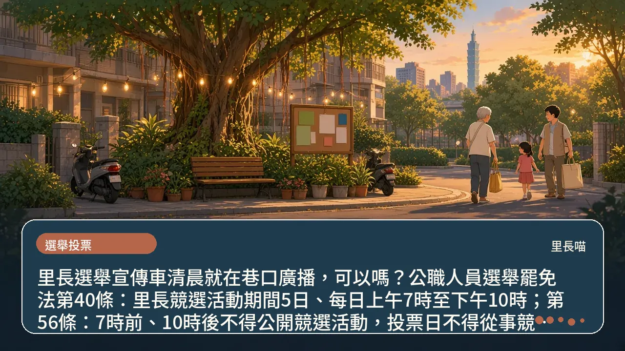 里長選舉宣傳車清晨就在巷口廣播，可以嗎？公職人員選舉罷免法第40條：里長競選活動期間5日、每日上午7時至下午10時；第56條：7時前、10時後不得公開競選活動，投票日不得從事競選活動主題插畫