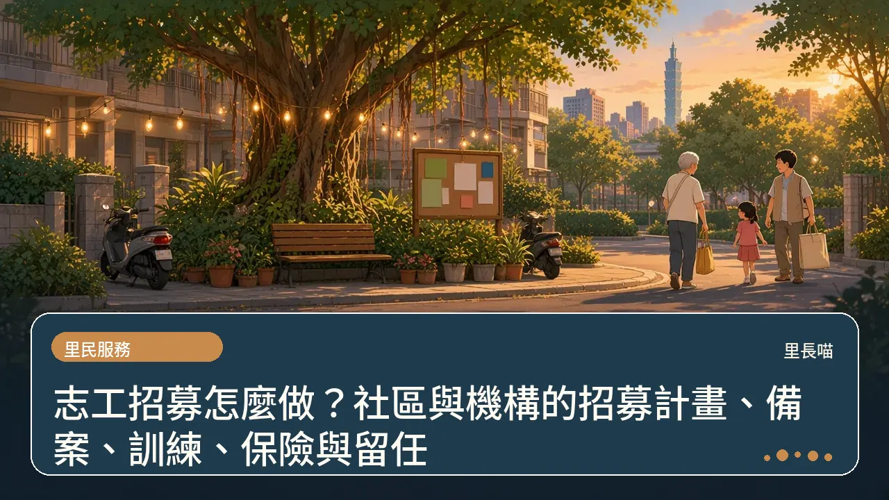志工招募怎麼做?社區與機構的招募計畫、備案、訓練、保險與留任主題插畫