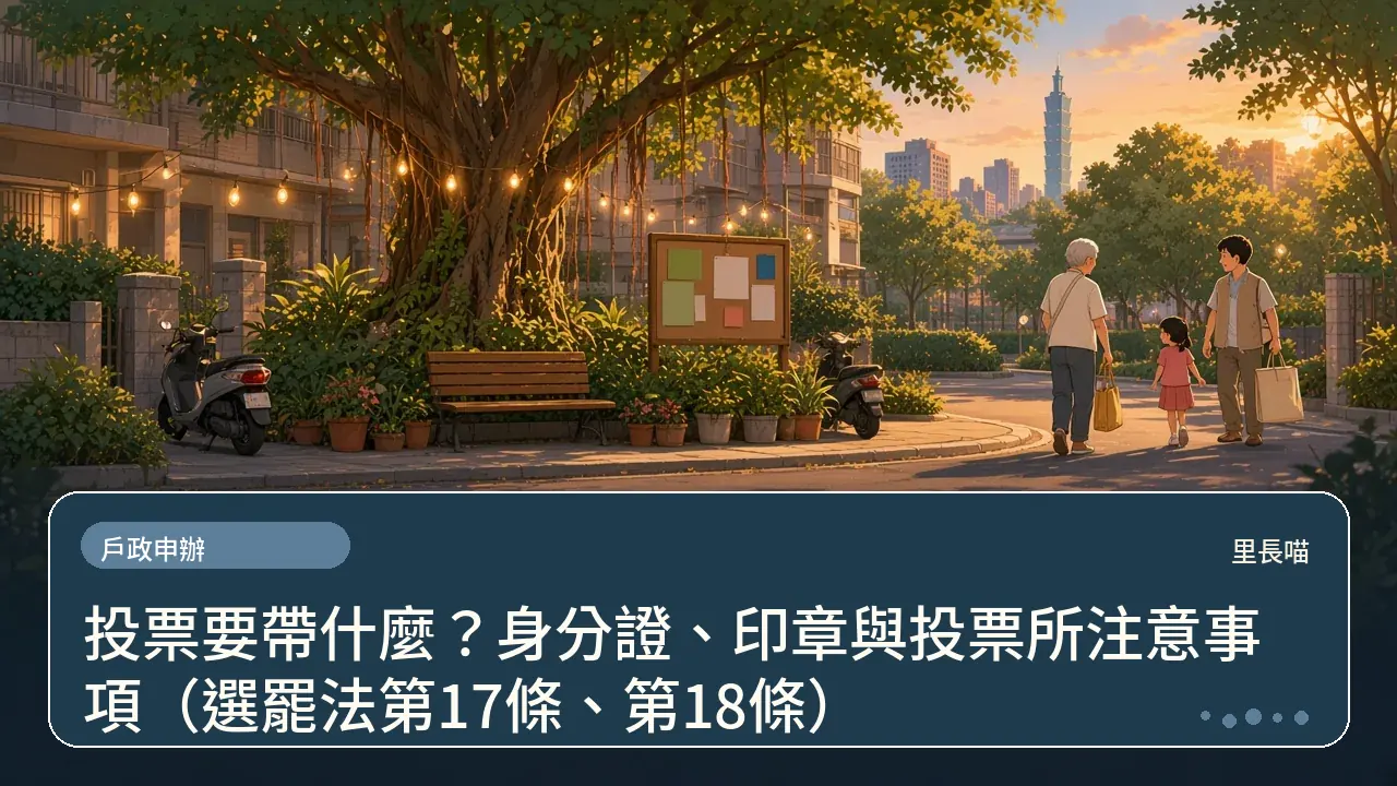 投票要帶什麼?身分證、印章與投票所注意事項(選罷法第17條、第18條)主題插畫